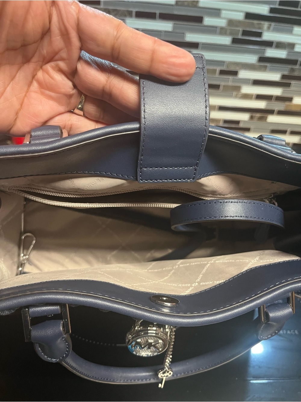 EUC Michael Kors Hamilton Denim-Textured Navy Satchel with Shoulder Strap - Picture 7 of 14